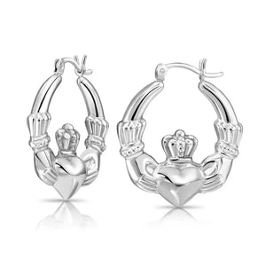 925 Sterling Silver Heart Crown Claddagh Hoop Earrings - Irish Friendship & Love Design.