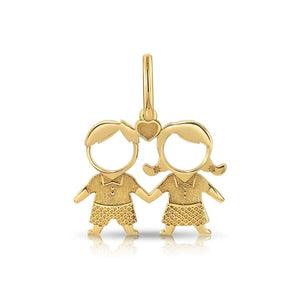 Stunning 14K Yellow Gold Heart Pendant Necklace Featuring Adorable Boy & Girl Design.