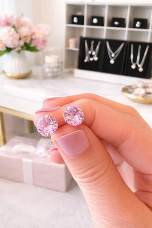 925 Sterling Silver Pink Earrings Studs round One Pair Fast Shipping