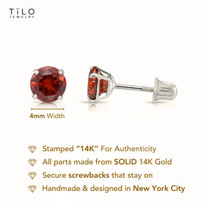 14K White Gold Birthstone Stud Earrings, Screw-Back, 4Mm
