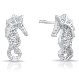 Enchanting CZ Seahorse Stud Earrings in Elegant Sterling Silver.