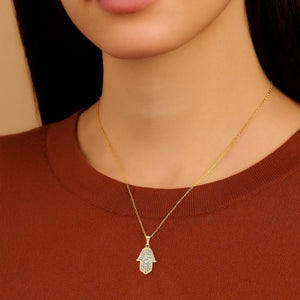 Stunning 14K Two-Tone Gold Hamsa Pendant Necklace with 18" Cable Chain.