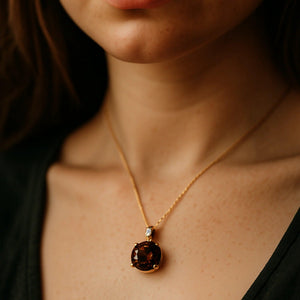 Elegant 14K Yellow Gold Smoky Quartz and Diamond Pendant Necklace.