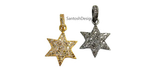 Sterling Silver Star Pendant, Pave Diamond Charm, Handmade Jewelry (28X16 MM)