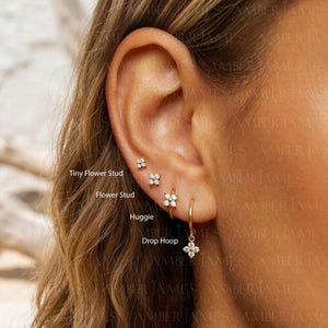 Minimalist 925 Sterling Silver Tiny Flower Huggie Hoop Earrings.