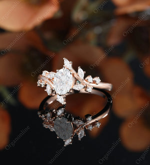 Oval Moissanite Engagement Ring Vintage Unique Marquise Cut Diamond Cluster Ring Rose Gold Engagement Ring Leaf Ring Bridal Ring Anniversary