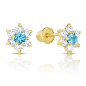 14K Yellow Gold Birthstone Halo Flower Stud Earrings, Available in 12 Colors