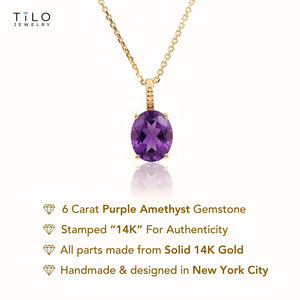 Elegant 14K Yellow Gold Oval Purple Amethyst Pendant Necklace.