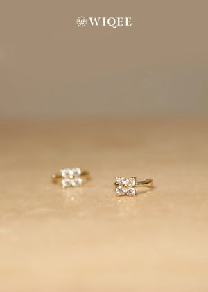 9K Solid Gold Flower Hoop Earrings, CZ Diamond Huggie Earrings