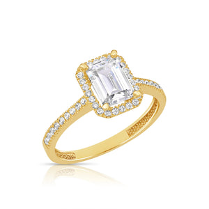 14K Yellow Gold Emerald-Cut Halo Engagement Ring with Side Stones