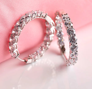 Hinged Hoop inside Out Earrings Set with round Simulated Diamonds 5A Cubic Zirconia in Rhodium Plated Sterling Silver 3Cm Diameter