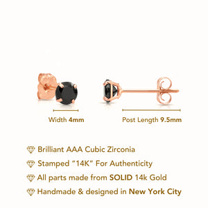 14K Rose Gold Black CZ round Studs, with Push-Backs, 4Mm