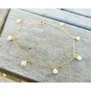 9Ct Gold Anklet: Dainty Ivory Freshwater Pearl Drop Ankle Chain