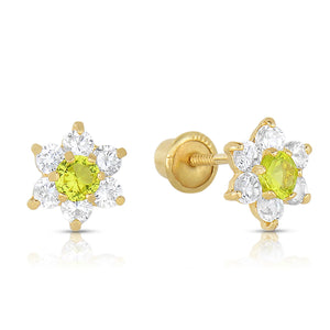 14K Yellow Gold Birthstone Halo Flower Stud Earrings, Available in 12 Colors