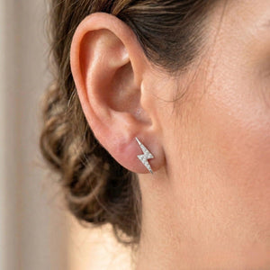 Sparkling Sterling Silver Lightning Bolt CZ Stud Earrings - Chic Pushback Design.