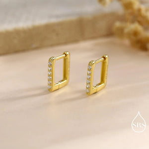 CZ Pave Square Huggie Hoop in Sterling Silver, Skinny Geometric Hoop Earrings, Gold or Silver Finish, 8Mm Minimalist Hoops
