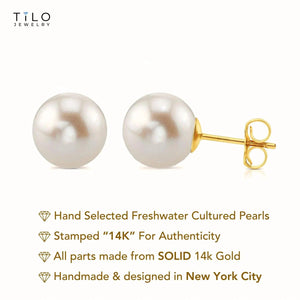 Lustrous 14K Gold Round White Freshwater Pearl Bridal Stud Earrings - Classic Gift for Her in 5mm, 6mm, 6.5mm, & 7mm.