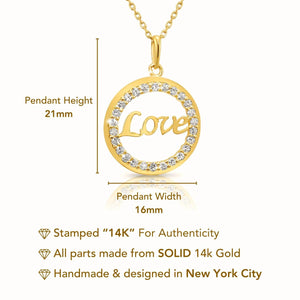 14K Solid Yellow Gold Love Script CZ Pendant Necklace with 18" Cable Chain.