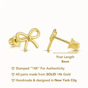 14K Solid Yellow Gold Ribbon Bow Stud Earrings, with Secure Screw-Backs