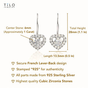 Sterling Silver Heart Halo Earrings, French Lever-Back Design with Sparkling Cubic Zirconia, Statement and Bridal Jewelry