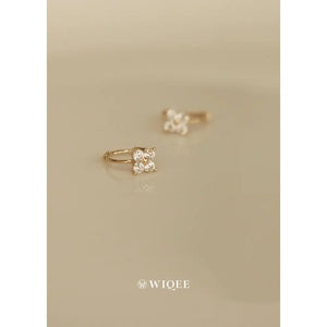 9K Solid Gold Flower Hoop Earrings, CZ Diamond Huggie Earrings