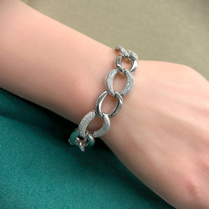 Solid 925 Sterling Silver Cuban Link Bracelet, Set with Pave Brilliant CZ Stones, 7 Inch