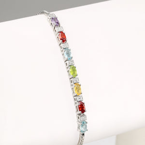 Sterling Silver Multicolor Rainbow CZ Bracelet, Adjustable Length
