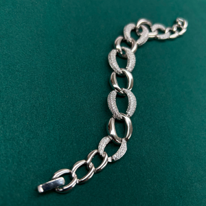 Solid 925 Sterling Silver Cuban Link Bracelet, Set with Pave Brilliant CZ Stones, 7 Inch