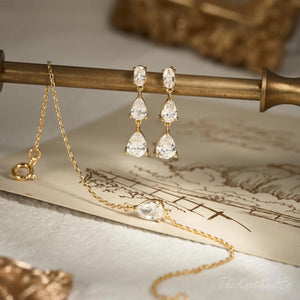 Sterling Silver Dangle Diamond Earrings, Triple Diamond Drop Earrings, Gold Earrings, Bridesmaid Gift, Wedding Earrings, Wedding Jewelry Set