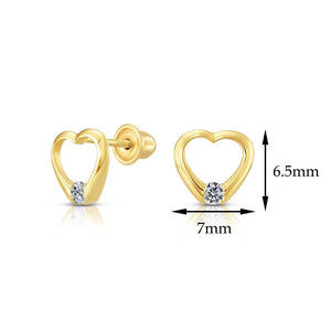 10K Yellow Gold Solitaire Heart Screwback Stud Earrings