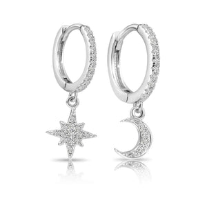 Sparkling 925 Sterling Silver Pave Star & Moon Dangle Huggie Hoop Earrings.