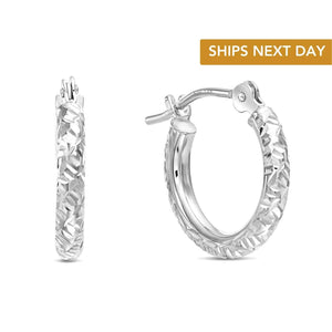 Elegant 14K Solid Gold Small Hoop Earrings with Unique Hand Engraved Tornado Design - 13mm (0.5 Inch Diameter).