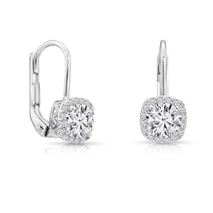 Stunning 14K Solid Gold Halo Cushion Drop Dangle Earrings with Secure Lever-Backs.