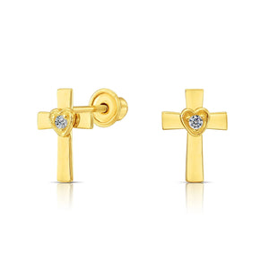 10K Yellow Gold Cross & Heart Stud Earrings with Center Stone