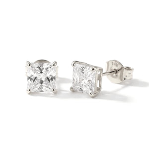 14K White Gold Square Zirconia Stud Earrings with Butterfly Pushbacks, Unisex Design, Princess Cut Studs
