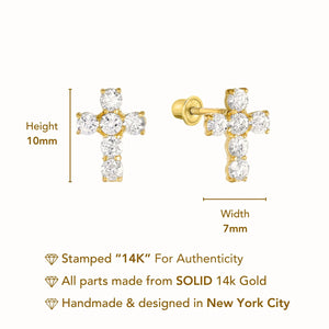 14K Gold CZ Cross Stud Earrings with Screwbacks