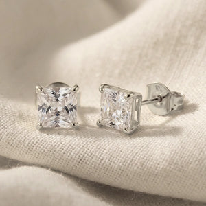 10K White Gold Princess-Cut Square CZ Studs, Pushback