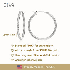 Stunning 10K White Gold Hand-Engraved Diamond-Cut Hoop Earrings - Crafted in the USA.