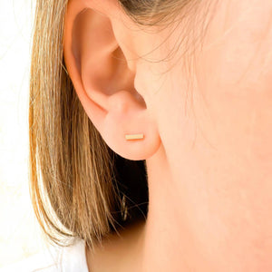Stunning 14K Solid Gold Bar Stud Earrings - Dainty Matte Minimalist Design, Available as Single or Pair.