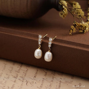 Real Freshwater Pearl Drop Earrings with Diamond, CZ Pearl Stud Earrings, Wedding Earrings, Pearl Bridal Earrings, Bridesmaid Gifts for Her