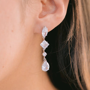 Tear Drop Wedding Jewelry, Square Diamond Dangle Earring, Oval Shape CZ, round Gem Earring, CZ Bride Earring, Silver Bridal Earring, Pear