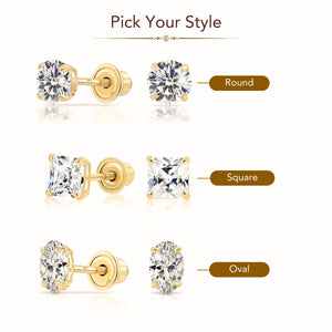 14K Gold Stud Earrings, round Brilliant-Cut, Square Princess-Cut, Oval-Cut, Sparkling CZ Studs, with Screw Backings, Unisex, by TILO Jewelry