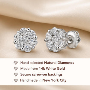Stunning 14K White Gold Diamond Cluster Unisex Stud Earrings with Secure Screw Backs.