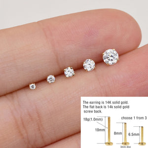 14K Solid Gold Solitaire Diamond Cartilage Earring Labret Flat Back Moissanite Tragus Internal Threaded Helix Piercing Conch Nose Stud