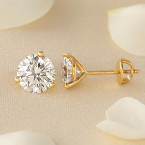 14K Yellow Gold Lab Diamond Stud Earrings, CVD Brilliant-Cut Diamond Studs, Martini 3-Prong Set Studs, with Secure Screwbacks, by TILO