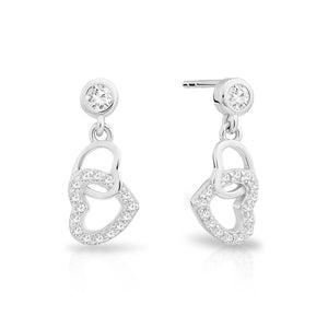 Sparkling CZ Double Heart Dangle Stud Earrings in Elegant Sterling Silver.