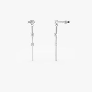 Gold Linear Bar Triple Diamond Drop Earrings, 14K Gold Bar Earrings, 0.28 Ctw Diamond Station Dangle Earrings, Trendy Earring Gift for Her