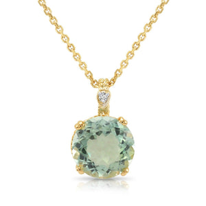 Elegant 14K Yellow Gold Green Amethyst & Diamond Pendant Necklace.