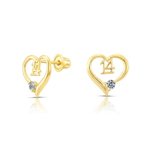 10K Yellow Gold 14Th Birthday Heart Stud Earrings
