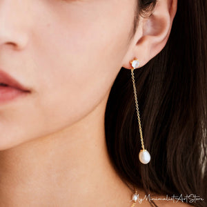 Dainty Pearl Drop Earrings with Diamond, Gold Dangle Earrings, Bridal Earrings, Long Pearl Earrings, Wedding Jewelry,Bridesmaid Gift for Her